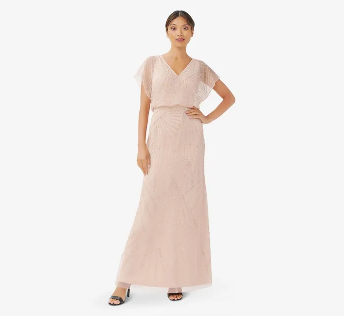 Adrianna Papell HandBeaded Blouson Long Gown With Flutter Sleeves In Nude Nude Women Long Dresses Adrianna Papell HandBeaded Blouson Long Gown With Flutter Sleeves In Nude Nude Women Long Dresses