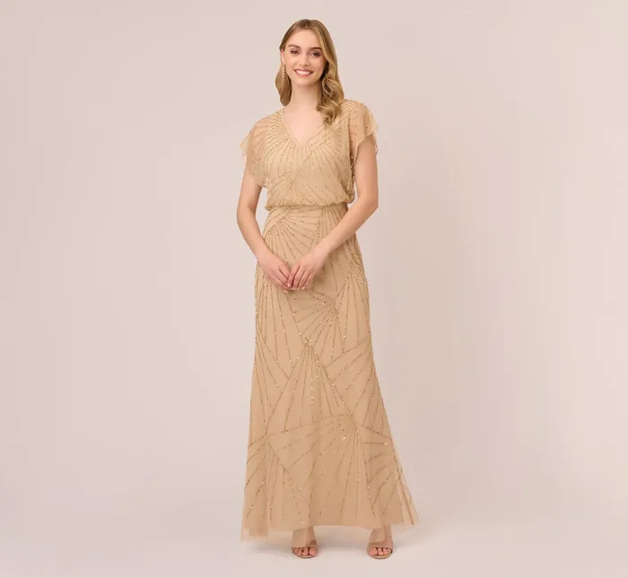 Adrianna Papell HandBeaded Blouson Long Gown With Flutter Sleeves In Nude Nude Women Long Dresses Adrianna Papell HandBeaded Blouson Long Gown With Flutter Sleeves In Nude Nude Women Long Dresses