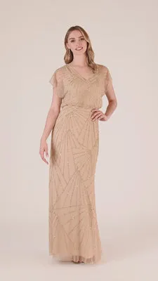 Adrianna Papell HandBeaded Blouson Long Gown With Flutter Sleeves In Nude Nude Women Long Dresses Adrianna Papell HandBeaded Blouson Long Gown With Flutter Sleeves In Nude Nude Women Long Dresses