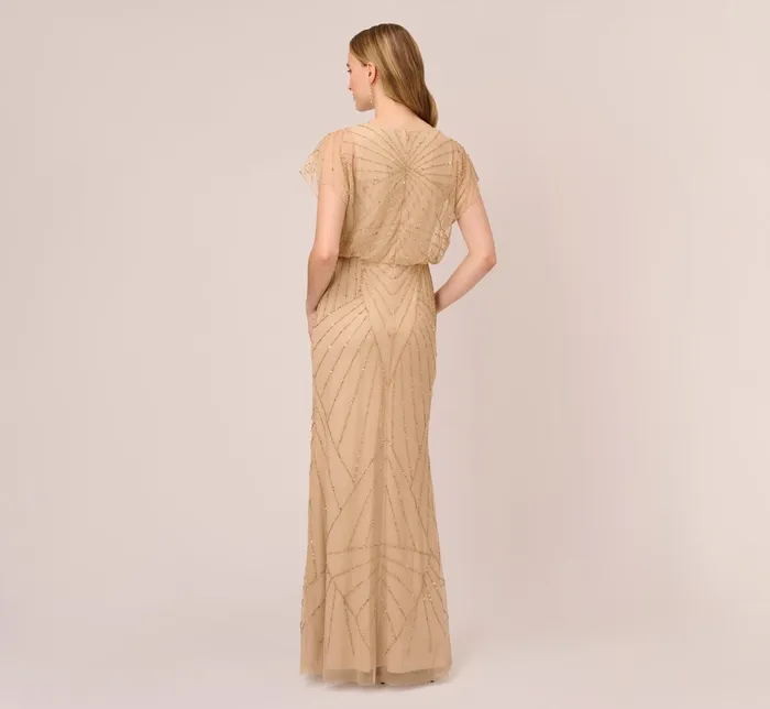 Adrianna Papell HandBeaded Blouson Long Gown With Flutter Sleeves In Nude Nude Women Long Dresses Adrianna Papell HandBeaded Blouson Long Gown With Flutter Sleeves In Nude Nude Women Long Dresses