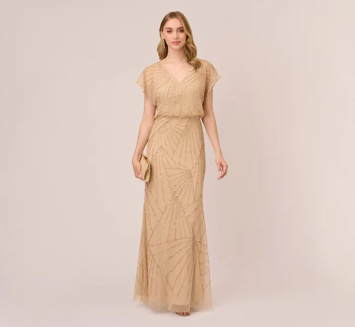 Adrianna Papell HandBeaded Blouson Long Gown With Flutter Sleeves In Nude Nude Women Long Dresses Adrianna Papell HandBeaded Blouson Long Gown With Flutter Sleeves In Nude Nude Women Long Dresses