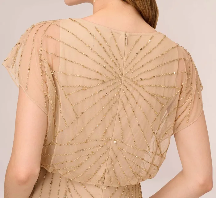 Adrianna Papell HandBeaded Blouson Long Gown With Flutter Sleeves In Nude Nude Women Long Dresses Adrianna Papell HandBeaded Blouson Long Gown With Flutter Sleeves In Nude Nude Women Long Dresses