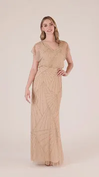 Adrianna Papell HandBeaded Blouson Long Gown With Flutter Sleeves In Nude Nude Women Long Dresses Adrianna Papell HandBeaded Blouson Long Gown With Flutter Sleeves In Nude Nude Women Long Dresses