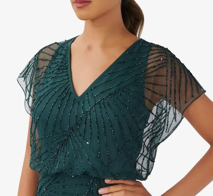 Adrianna Papell HandBeaded Blouson Long Gown With Flutter Sleeves In Nude Nude Women Long Dresses Adrianna Papell HandBeaded Blouson Long Gown With Flutter Sleeves In Nude Nude Women Long Dresses