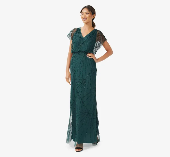Adrianna Papell HandBeaded Blouson Long Gown With Flutter Sleeves In Nude Nude Women Long Dresses Adrianna Papell HandBeaded Blouson Long Gown With Flutter Sleeves In Nude Nude Women Long Dresses