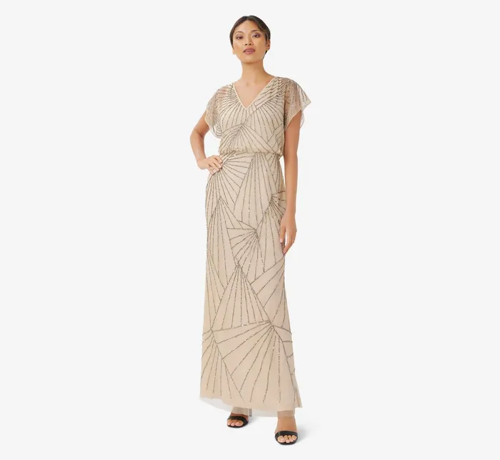 Adrianna Papell HandBeaded Blouson Long Gown With Flutter Sleeves In Nude Nude Women Long Dresses Adrianna Papell HandBeaded Blouson Long Gown With Flutter Sleeves In Nude Nude Women Long Dresses
