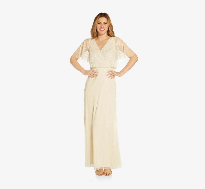 Adrianna Papell HandBeaded Blouson Long Gown With Flutter Sleeves In Sandshell Sandshell Women Long Dresses