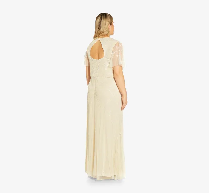 Adrianna Papell HandBeaded Blouson Long Gown With Flutter Sleeves In Sandshell Sandshell Women Long Dresses Adrianna Papell HandBeaded Blouson Long Gown With Flutter Sleeves In Sandshell Sandshell Women Long Dresses
