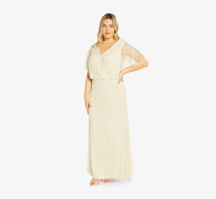 Adrianna Papell HandBeaded Blouson Long Gown With Flutter Sleeves In Sandshell Sandshell Women Long Dresses Adrianna Papell HandBeaded Blouson Long Gown With Flutter Sleeves In Sandshell Sandshell Women Long Dresses