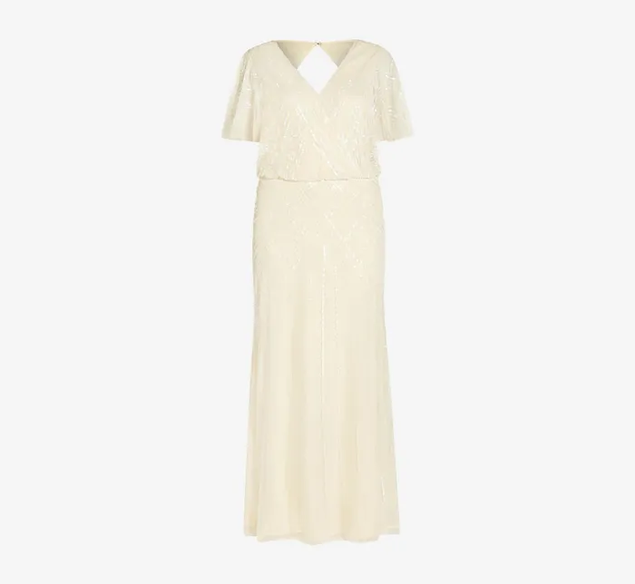 Adrianna Papell HandBeaded Blouson Long Gown With Flutter Sleeves In Sandshell Sandshell Women Long Dresses Adrianna Papell HandBeaded Blouson Long Gown With Flutter Sleeves In Sandshell Sandshell Women Long Dresses