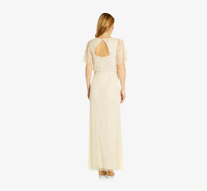 Adrianna Papell HandBeaded Blouson Long Gown With Flutter Sleeves In Sandshell Sandshell Women Long Dresses Adrianna Papell HandBeaded Blouson Long Gown With Flutter Sleeves In Sandshell Sandshell Women Long Dresses