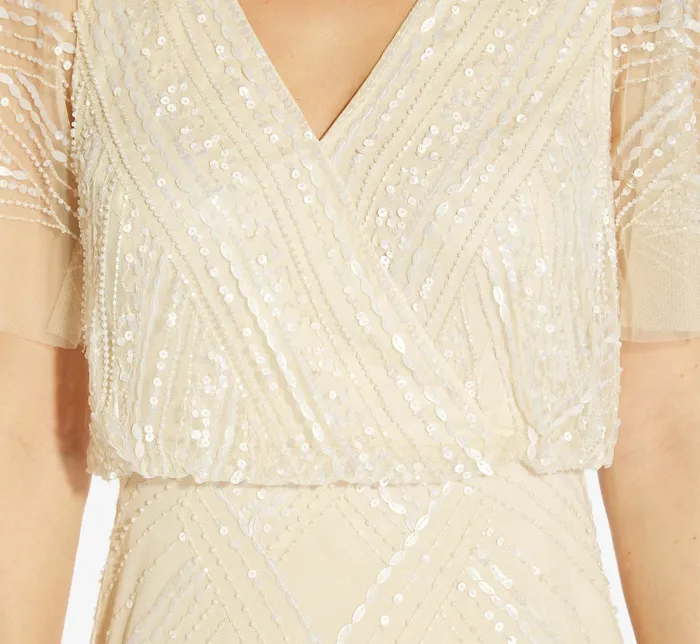 Adrianna Papell HandBeaded Blouson Long Gown With Flutter Sleeves In Sandshell Sandshell Women Long Dresses Adrianna Papell HandBeaded Blouson Long Gown With Flutter Sleeves In Sandshell Sandshell Women Long Dresses