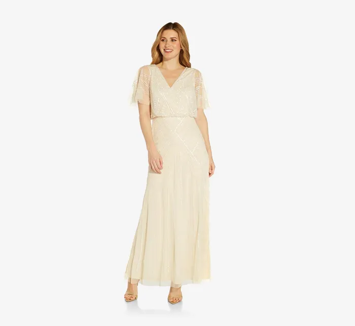 Adrianna Papell HandBeaded Blouson Long Gown With Flutter Sleeves In Sandshell Sandshell Women Long Dresses Adrianna Papell HandBeaded Blouson Long Gown With Flutter Sleeves In Sandshell Sandshell Women Long Dresses