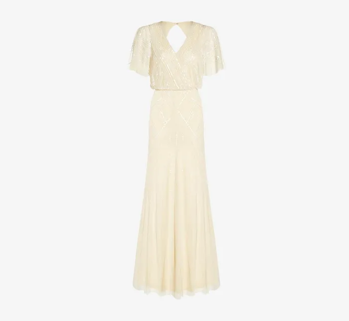 Adrianna Papell HandBeaded Blouson Long Gown With Flutter Sleeves In Sandshell Sandshell Women Long Dresses Adrianna Papell HandBeaded Blouson Long Gown With Flutter Sleeves In Sandshell Sandshell Women Long Dresses