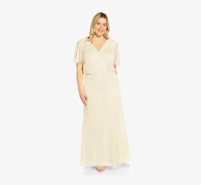 Adrianna Papell HandBeaded Blouson Long Gown With Flutter Sleeves In Sandshell Sandshell Women Long Dresses Adrianna Papell HandBeaded Blouson Long Gown With Flutter Sleeves In Sandshell Sandshell Women Long Dresses