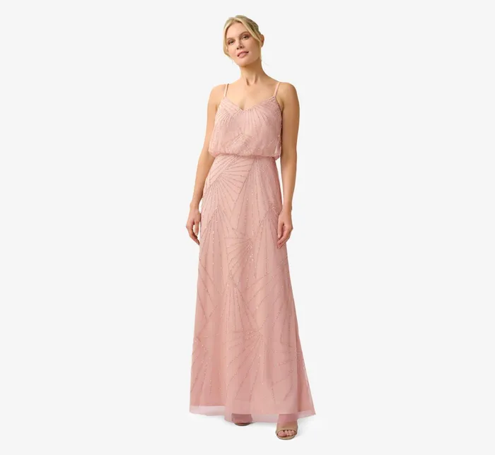 Adrianna Papell HandBeaded Blouson Long Sleeveless Gown In Blush Blush Women Long Dresses Adrianna Papell HandBeaded Blouson Long Sleeveless Gown In Blush Blush Women Long Dresses