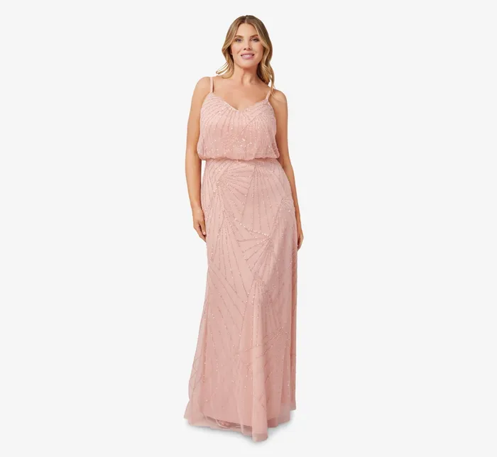 Adrianna Papell HandBeaded Blouson Long Sleeveless Gown In Blush Blush Women Long Dresses Adrianna Papell HandBeaded Blouson Long Sleeveless Gown In Blush Blush Women Long Dresses
