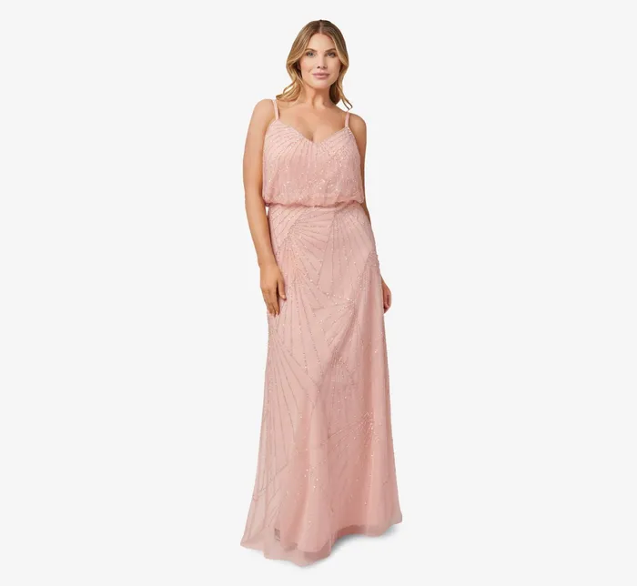 Adrianna Papell HandBeaded Blouson Long Sleeveless Gown In Blush Blush Women Long Dresses Adrianna Papell HandBeaded Blouson Long Sleeveless Gown In Blush Blush Women Long Dresses