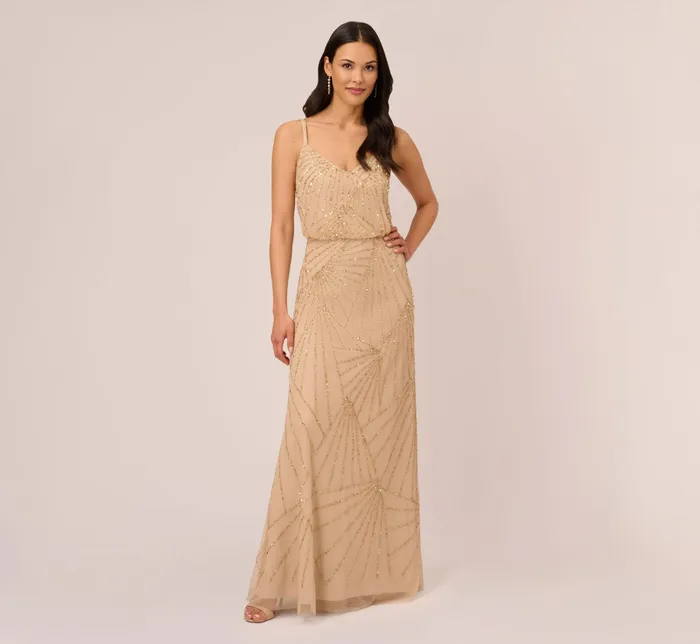 Adrianna Papell HandBeaded Blouson Long Sleeveless Gown In Champagne Gold ChampagneGold Women Formal Dresses Adrianna Papell HandBeaded Blouson Long Sleeveless Gown In Champagne Gold ChampagneGold Women Formal Dresses