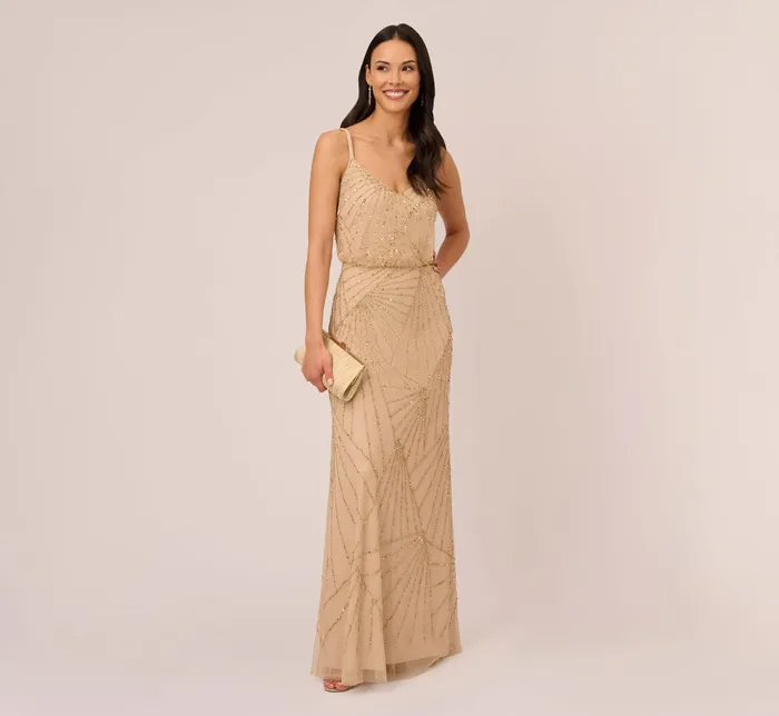 Adrianna Papell HandBeaded Blouson Long Sleeveless Gown In Champagne Gold ChampagneGold Women Formal Dresses Adrianna Papell HandBeaded Blouson Long Sleeveless Gown In Champagne Gold ChampagneGold Women Formal Dresses
