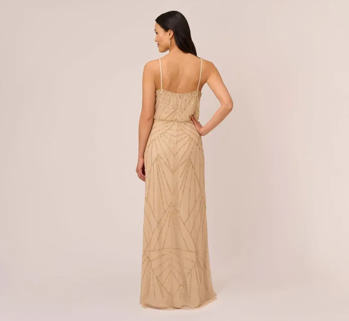Adrianna Papell HandBeaded Blouson Long Sleeveless Gown In Champagne Gold ChampagneGold Women Formal Dresses Adrianna Papell HandBeaded Blouson Long Sleeveless Gown In Champagne Gold ChampagneGold Women Formal Dresses