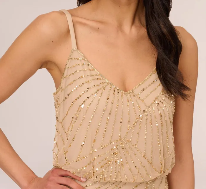 Adrianna Papell HandBeaded Blouson Long Sleeveless Gown In Champagne Gold ChampagneGold Women Formal Dresses Adrianna Papell HandBeaded Blouson Long Sleeveless Gown In Champagne Gold ChampagneGold Women Formal Dresses