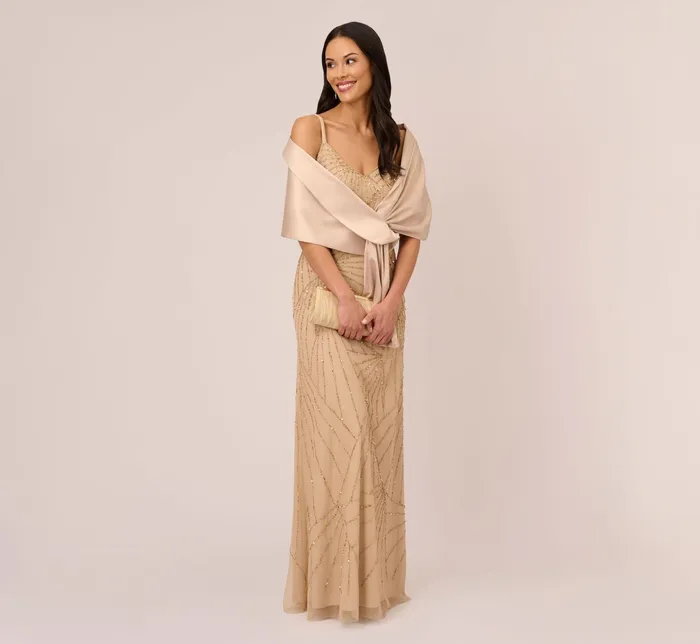 Adrianna Papell HandBeaded Blouson Long Sleeveless Gown In Champagne Gold ChampagneGold Women Formal Dresses Adrianna Papell HandBeaded Blouson Long Sleeveless Gown In Champagne Gold ChampagneGold Women Formal Dresses