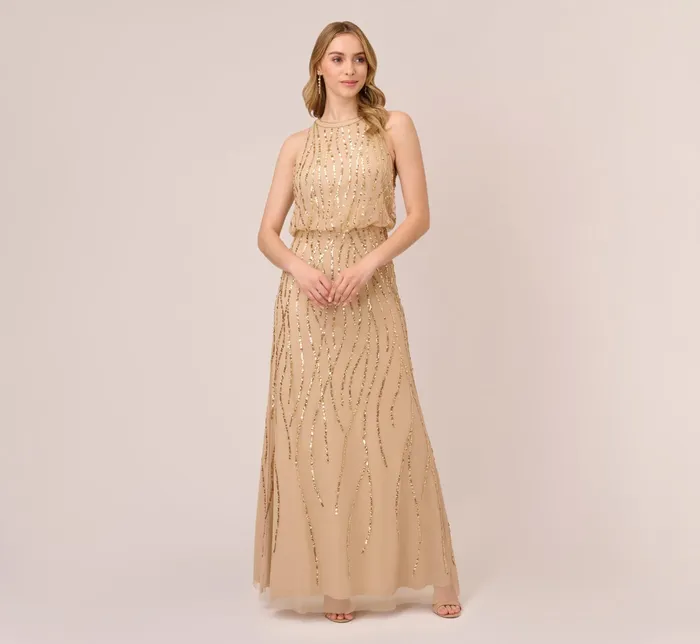 Adrianna Papell HandBeaded Halter Blouson Long Gown In Champagne Gold ChampagneGold Women Formal Dresses Adrianna Papell HandBeaded Halter Blouson Long Gown In Champagne Gold ChampagneGold Women Formal Dresses