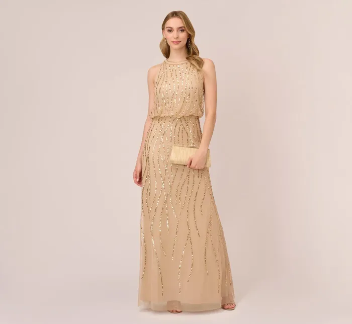 Adrianna Papell HandBeaded Halter Blouson Long Gown In Champagne Gold ChampagneGold Women Formal Dresses Adrianna Papell HandBeaded Halter Blouson Long Gown In Champagne Gold ChampagneGold Women Formal Dresses
