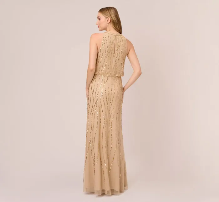 Adrianna Papell HandBeaded Halter Blouson Long Gown In Champagne Gold ChampagneGold Women Formal Dresses Adrianna Papell HandBeaded Halter Blouson Long Gown In Champagne Gold ChampagneGold Women Formal Dresses
