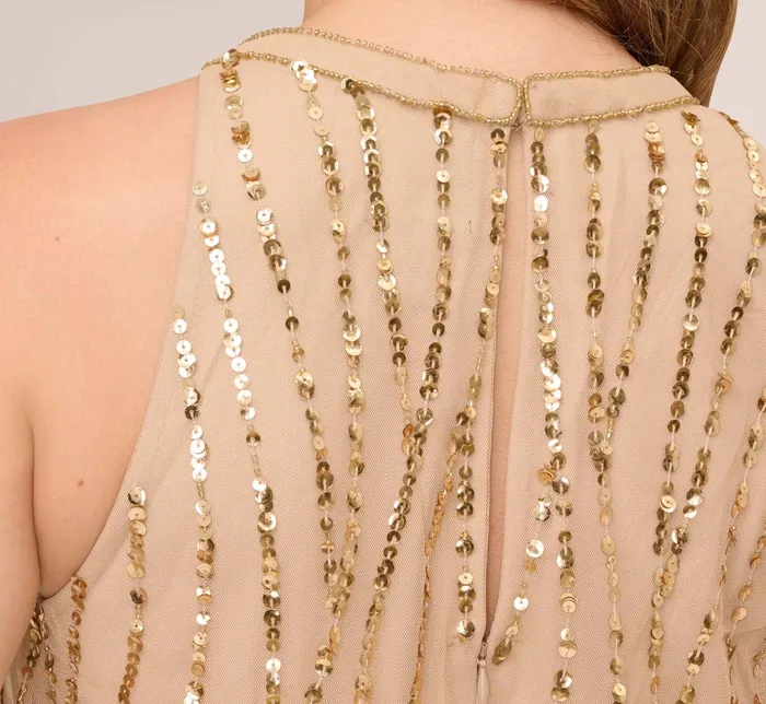 Adrianna Papell HandBeaded Halter Blouson Long Gown In Champagne Gold ChampagneGold Women Formal Dresses Adrianna Papell HandBeaded Halter Blouson Long Gown In Champagne Gold ChampagneGold Women Formal Dresses