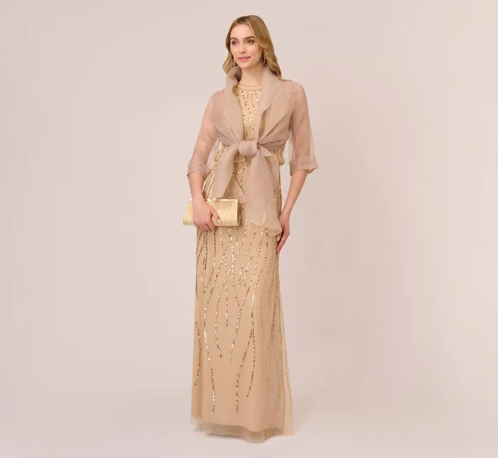 Adrianna Papell HandBeaded Halter Blouson Long Gown In Champagne Gold ChampagneGold Women Formal Dresses Adrianna Papell HandBeaded Halter Blouson Long Gown In Champagne Gold ChampagneGold Women Formal Dresses