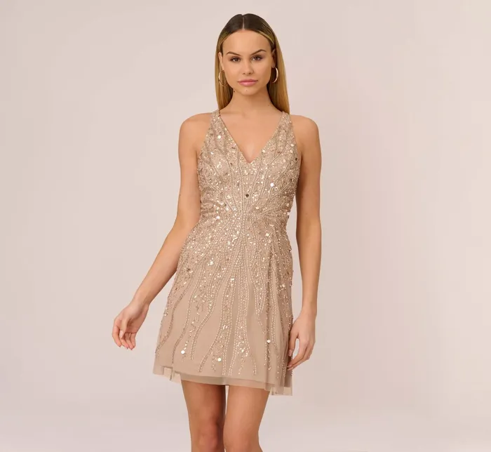 Adrianna Papell HandBeaded Halter Short FitAndFlare Cocktail Dress In Taupe Taupe Women Cocktail Dresses