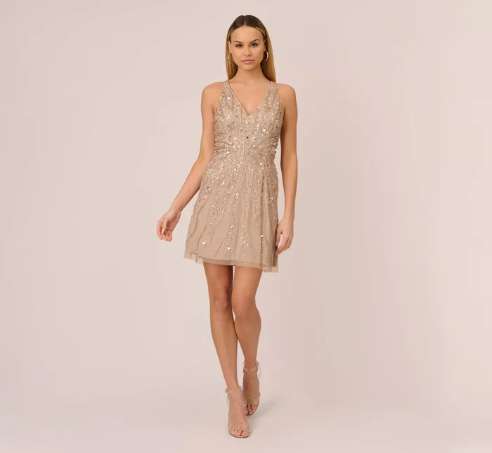 Adrianna Papell HandBeaded Halter Short FitAndFlare Cocktail Dress In Taupe Taupe Women Cocktail Dresses Adrianna Papell HandBeaded Halter Short FitAndFlare Cocktail Dress In Taupe Taupe Women Cocktail Dresses