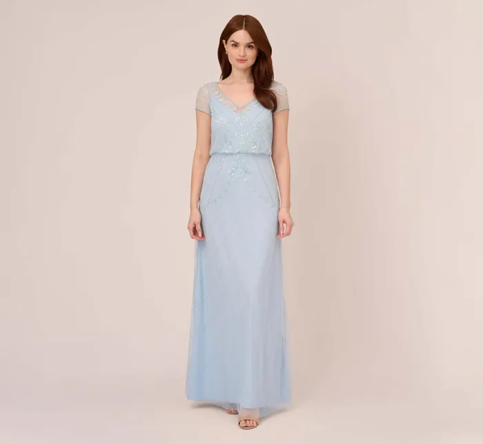 Adrianna Papell HandBeaded Illusion Long Blouson Gown In Elegant Sky Elegant Sky Women Long Dresses