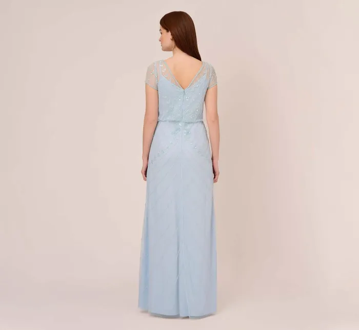 Adrianna Papell HandBeaded Illusion Long Blouson Gown In Elegant Sky Elegant Sky Women Long Dresses Adrianna Papell HandBeaded Illusion Long Blouson Gown In Elegant Sky Elegant Sky Women Long Dresses