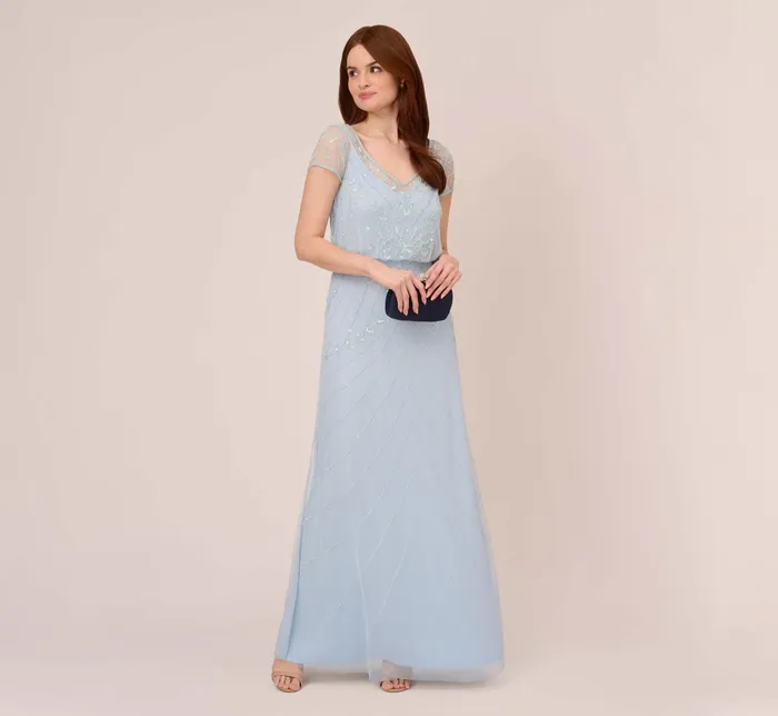 Adrianna Papell HandBeaded Illusion Long Blouson Gown In Elegant Sky Elegant Sky Women Long Dresses Adrianna Papell HandBeaded Illusion Long Blouson Gown In Elegant Sky Elegant Sky Women Long Dresses
