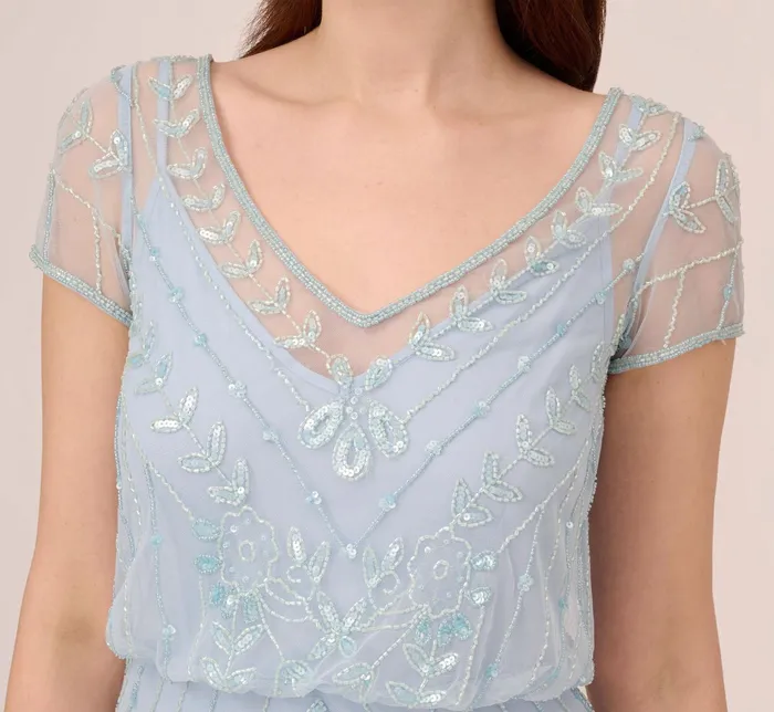 Adrianna Papell HandBeaded Illusion Long Blouson Gown In Elegant Sky Elegant Sky Women Long Dresses Adrianna Papell HandBeaded Illusion Long Blouson Gown In Elegant Sky Elegant Sky Women Long Dresses