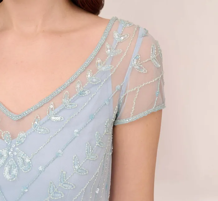 Adrianna Papell HandBeaded Illusion Long Blouson Gown In Elegant Sky Elegant Sky Women Long Dresses Adrianna Papell HandBeaded Illusion Long Blouson Gown In Elegant Sky Elegant Sky Women Long Dresses