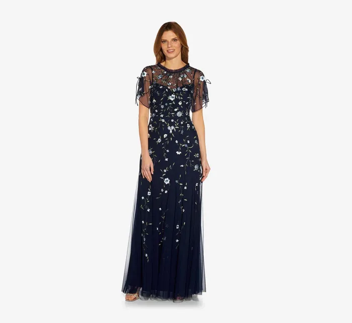 Adrianna Papell HandBeaded Illusion Long Boho Gown In Light Navy Light Navy Women Long Dresses Adrianna Papell HandBeaded Illusion Long Boho Gown In Light Navy Light Navy Women Long Dresses