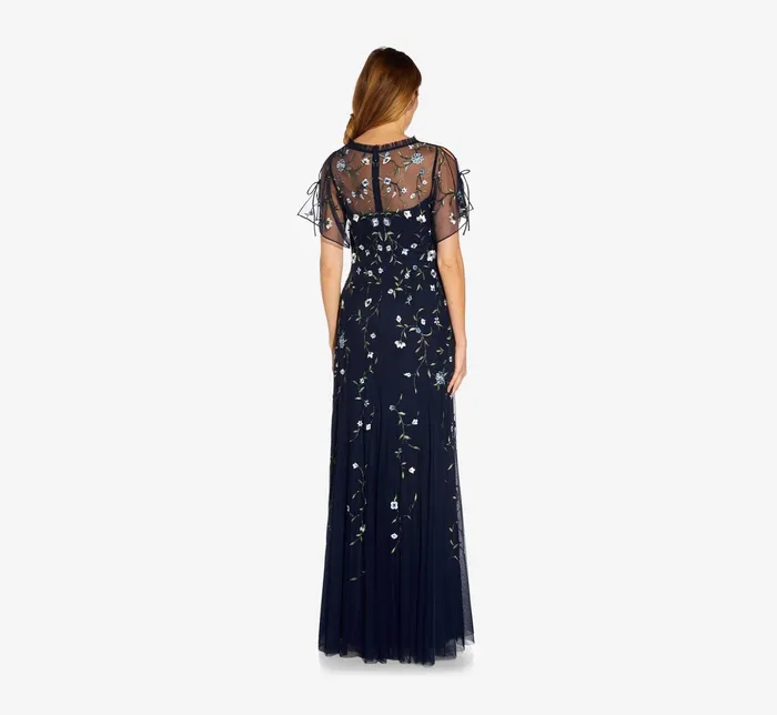 Adrianna Papell HandBeaded Illusion Long Boho Gown In Light Navy Light Navy Women Long Dresses Adrianna Papell HandBeaded Illusion Long Boho Gown In Light Navy Light Navy Women Long Dresses