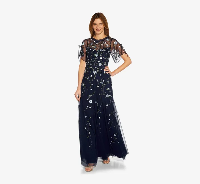 Adrianna Papell HandBeaded Illusion Long Boho Gown In Light Navy Light Navy Women Long Dresses Adrianna Papell HandBeaded Illusion Long Boho Gown In Light Navy Light Navy Women Long Dresses