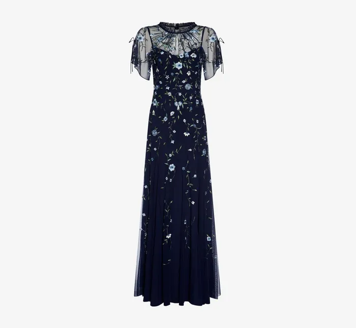 Adrianna Papell HandBeaded Illusion Long Boho Gown In Light Navy Light Navy Women Long Dresses Adrianna Papell HandBeaded Illusion Long Boho Gown In Light Navy Light Navy Women Long Dresses