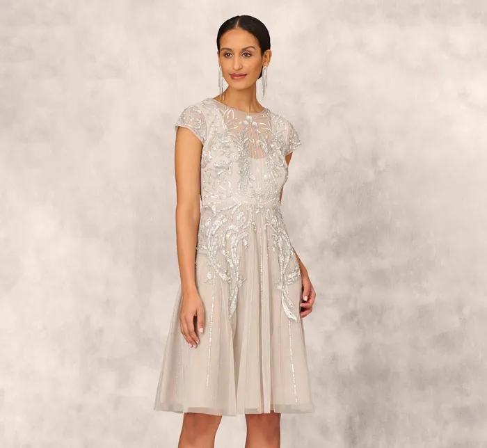 Adrianna Papell Hand Beaded Illusion MidiLength FitAndFlare Cocktail Dress In Silver Silver Women Cocktail Dresses Adrianna Papell Hand Beaded Illusion MidiLength FitAndFlare Cocktail Dress In Silver Silver Women Cocktail Dresses