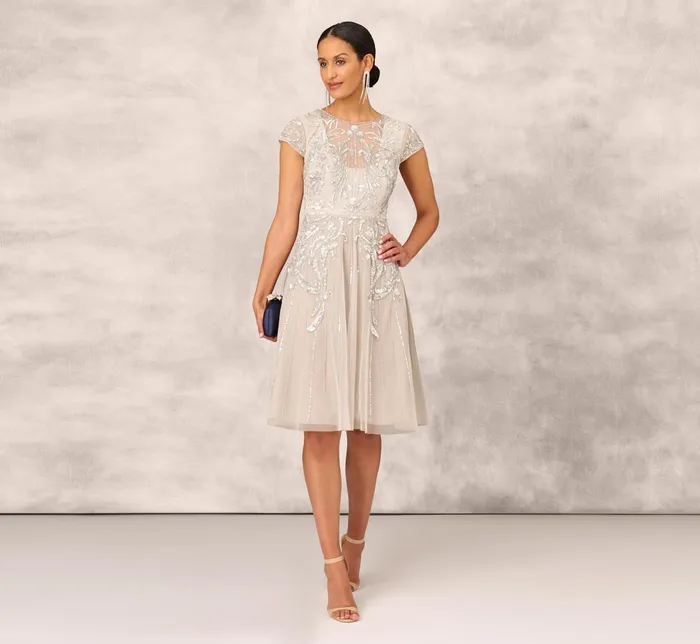Adrianna Papell Hand Beaded Illusion MidiLength FitAndFlare Cocktail Dress In Silver Silver Women Cocktail Dresses Adrianna Papell Hand Beaded Illusion MidiLength FitAndFlare Cocktail Dress In Silver Silver Women Cocktail Dresses