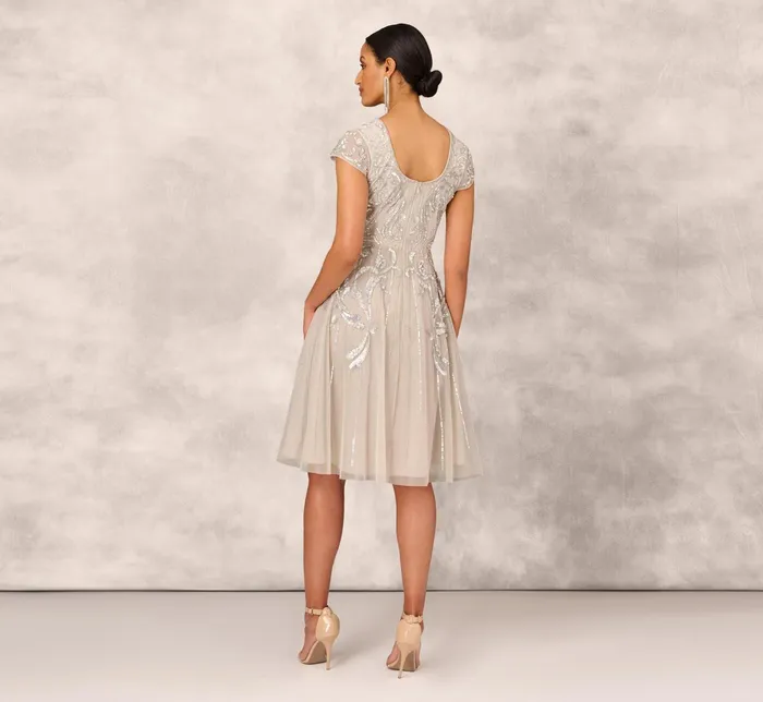 Adrianna Papell Hand Beaded Illusion MidiLength FitAndFlare Cocktail Dress In Silver Silver Women Cocktail Dresses Adrianna Papell Hand Beaded Illusion MidiLength FitAndFlare Cocktail Dress In Silver Silver Women Cocktail Dresses