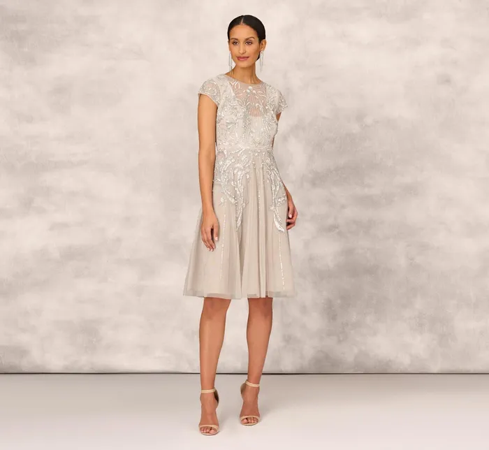 Adrianna Papell Hand Beaded Illusion MidiLength FitAndFlare Cocktail Dress In Silver Silver Women Cocktail Dresses Adrianna Papell Hand Beaded Illusion MidiLength FitAndFlare Cocktail Dress In Silver Silver Women Cocktail Dresses