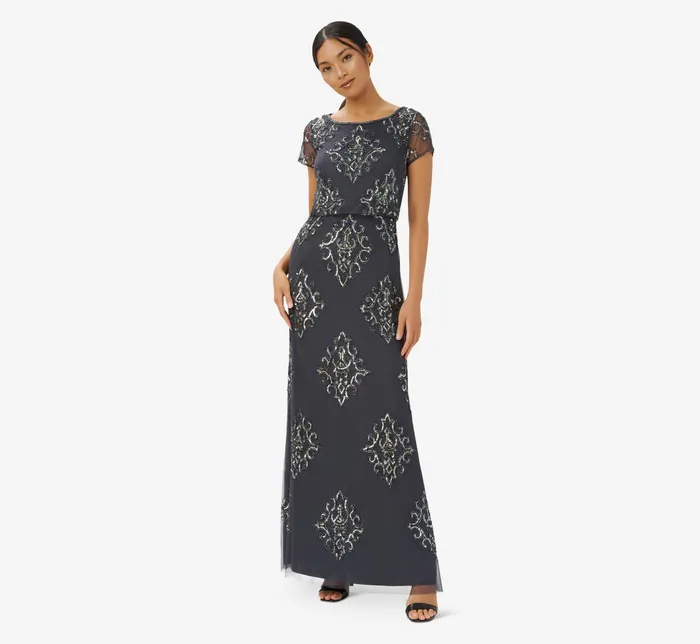 Adrianna Papell HandBeaded Long Blouson Gown In Gunmetal Gunmetal Women Long Dresses Adrianna Papell HandBeaded Long Blouson Gown In Gunmetal Gunmetal Women Long Dresses
