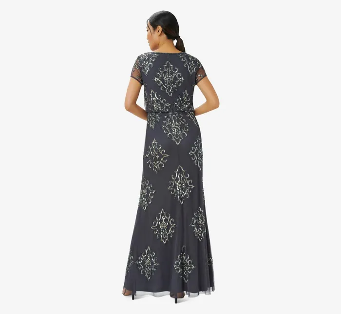 Adrianna Papell HandBeaded Long Blouson Gown In Gunmetal Gunmetal Women Long Dresses Adrianna Papell HandBeaded Long Blouson Gown In Gunmetal Gunmetal Women Long Dresses