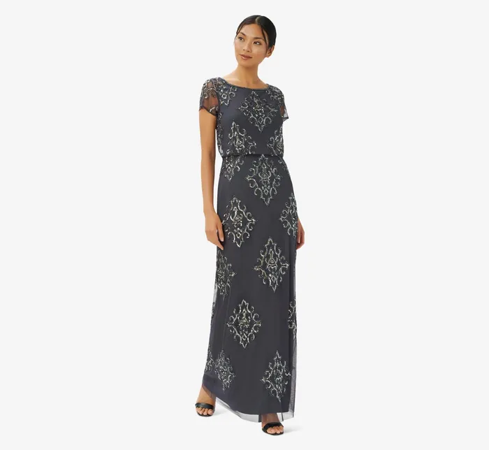 Adrianna Papell HandBeaded Long Blouson Gown In Gunmetal Gunmetal Women Long Dresses Adrianna Papell HandBeaded Long Blouson Gown In Gunmetal Gunmetal Women Long Dresses